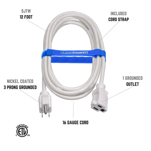 12 Foot Indoor Outdoor Extension Cord With 16 3 SJTW Heavy Duty Water And Weather Resistant Grounded 3 Prong Plug Nickel Coated Brass