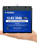 Person holding 12V 30Ah LiFePO4 Battery With DC Port, Compact Size Like 20Ah, 30A BMS With Low Temp Cutoff, Replaces 12V 35Ah SLA