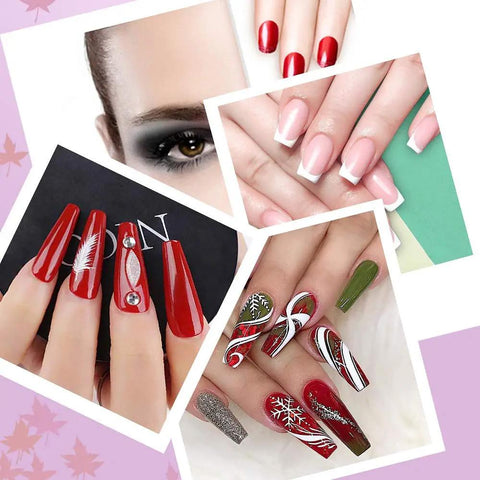 Collage of manicured nails with various nail art designs; includes red, French tips, and holiday-themed styles.