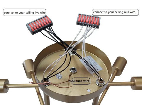Cool Modern Sputnik Ceiling Chandelier, 6 Light LED Fixture With Included Bulbs, Gold Finish wire connections detail.