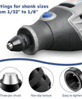 Drill Chuck Collet Set For Dremel Tools, showing three-jaw chuck and text on shank sizes from 1/32" to 1/8"