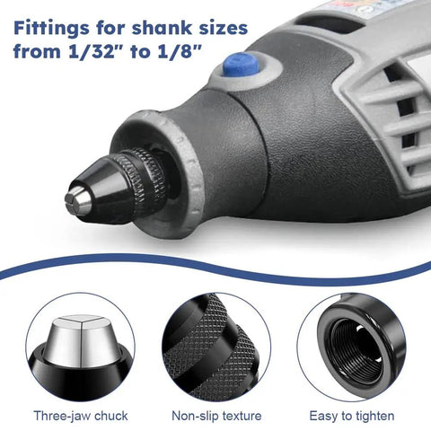 Must-Have All-In-One Drill Chuck Collet Set with Quick Change Rotary Tool Adapter for 1/32 to 1/8 inch shanks on rotary tool