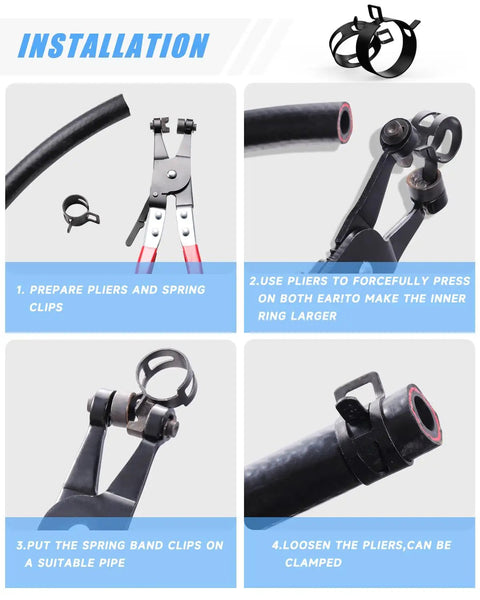 Installation process with pliers and spring clips in 100Pcs Spring Band Hose Clamp Kit 6 to 25mm With Swivel Flat Clamp Pliers.