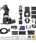 Arduino-based 5DOF robotic arm kit with base, black frame plates, control board, cables and screws