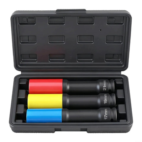 Heavy Duty Extended Wheel Lug Nut Socket Kit With 17 19 And 21mm Hex Sockets For Impact Drivers Makes Tire Changes A Breeze On Trucks And SUVs Without Removing Hubcaps. 3-piece case view