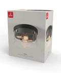 Ella 1-Light Flush Mount Ceiling Light In Matte Black With Chrome Accents And Clear Glass Shade boxed packaging