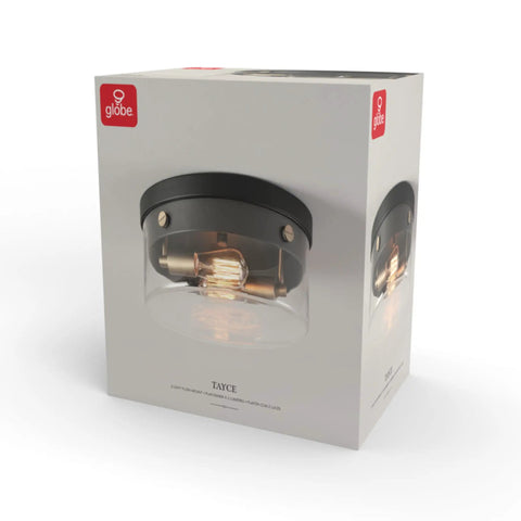 Box of 2 Light Flush Mount Ceiling Light In Matte Black With Brass Accents And Clear Glass Shade, Dope Modern Glam Fixture