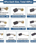 Top-Notch 40-Piece Electric Motor Carbon Brushes Set in 10 Handy Sizes for power tools, shown in packaging with size labels.