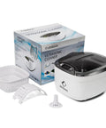 Ultrasonic Jewelry Cleaner 850ml with LCD screen, 5 digital timers, watch stand, CD/DVD holder, and accessories next to packaging.