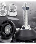 Four Pack Adjustable Leveling Feet Swivel Base Furniture Pads with threaded steel bases and rubber pads for stable support.