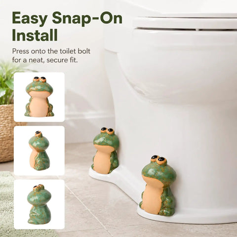 Slick Ceramic Frog Toilet Bolt Covers 2 Pack With Universal Screw Caps shown installed on a toilet bolt for easy snap fit.