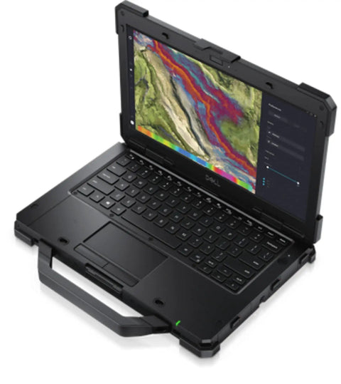Intel Core I7-1185G7 Refurbished 13.3 Inch Latitude Rugged Laptop With Turbo Boost Up To 4.4Ghz Quad Core Processor, open view with colorful display and handle.