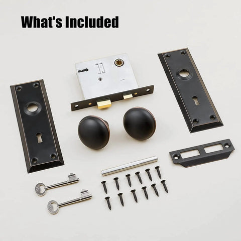Antique Style Mortise Lock Set for Interior Doors With Privacy Lock, Old School Vintage Door Knobs, Skeleton Key, Oil Rubbed Bronze Finish