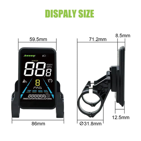 Bezel-Less VA Color LCD Waterproof Bike Display For 36V 48V 52V E-Bikes with size dimensions and real-time speedometer view