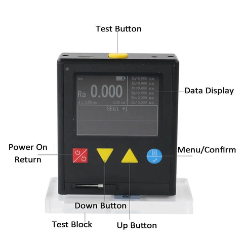 Rugged Handheld Surface Roughness Meter With Digital Gauge For Metals And Nonmetals Ra Rz Rq Rt Rp Rv Rc Parameters 2.4 Inch IPS TFT LCD Display Auto Power Off Field Ready Boss Grade on base with labeled buttons