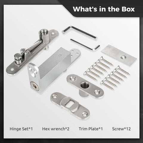 Heavy Duty Invisible 360 Pivot Hinges For Wooden Doors, Self Closing Stainless Steel Hidden Door Hinge Kit With Screws contents