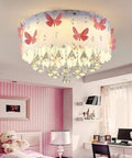 Pink Butterfly LED Crystal Chandelier Flush Mount Ceiling Light With Drum Shade Cute Vibe For Girls Kids Room