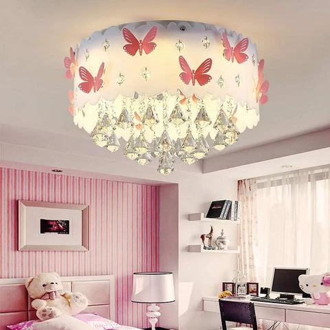 Pink Butterfly LED Crystal Chandelier Flush Mount Ceiling Light With Drum Shade Cute Vibe For Girls Kids Room