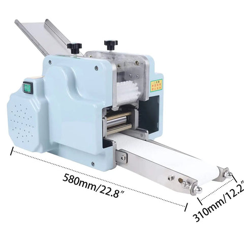 Hella Fast Automatic Dumpling Skin Maker Whips Up Ravioli Sheets And Pasta Dough Presser, compact size 580mm by 310mm.
