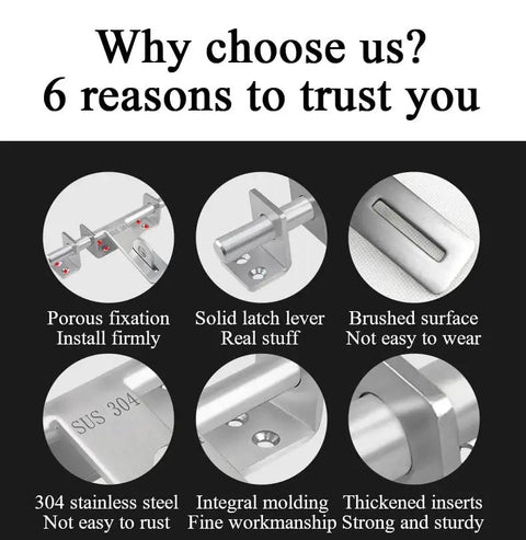 Heavy Duty Stainless Steel Sliding Door Bolt Gate Latch With Padlock Hole Works Both Ways For Left Right Swinging Doors detailed features explained.