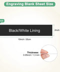 Diagram showing Dual Color 10x2 Inch ABS Plastic Engraving Blanks 6 Pack 1.3mm thick, black/white lining, with size details