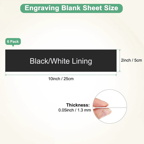 Diagram showing Dual Color 10x2 Inch ABS Plastic Engraving Blanks 6 Pack 1.3mm thick, black/white lining, with size details
