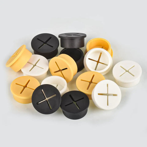Twelve Pack One Inch White Silicone Cable Grommets For Home Office Desk Heavy Duty Wire Hole Covers in black, white, and yellow