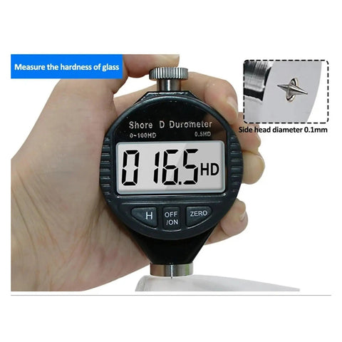 Digital Shore Hardness Durometer And Tester Meter For Rubber Leather Plastic Acrylic Portable Handheld Gauge Dead Nuts Accurate Pocket Powered Measurement Tool Black Edition being held, showing LCD display reading 16.5.