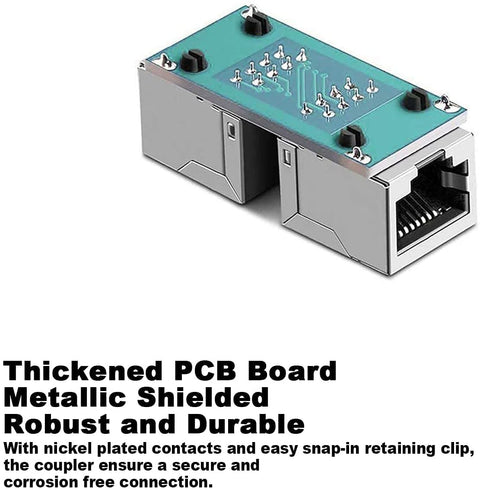 2 Pack Gigabit RJ45 In-Line Ethernet Couplers Female to Female Adapter with Nickel Plated Contacts showing PCB board.