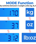 Rock Solid Digital Postal Scale For Packages Luggage And Mail mode function showing weight in kg, lb, oz on a blue display.