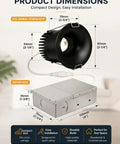 Sublimation 3 inch 5CCT Anti-Glare Led Recessed Lights, Deep Trim Canless Downlight, waterproof driver box and dimensions chart.