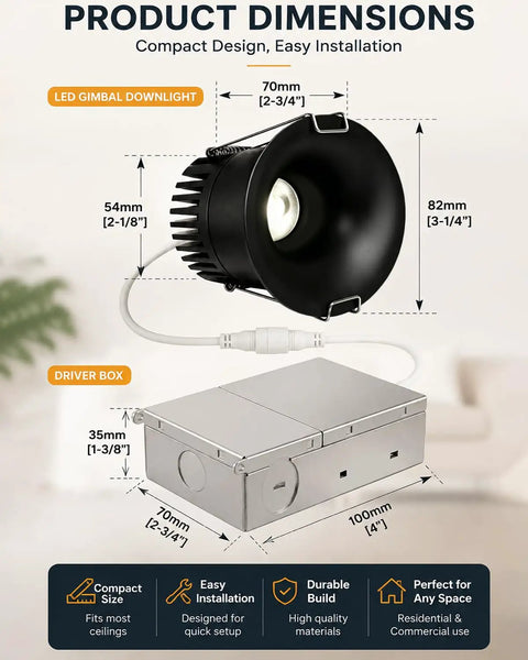 Sublimation 3 inch 5CCT Anti-Glare Led Recessed Lights, Deep Trim Canless Downlight, waterproof driver box and dimensions chart.