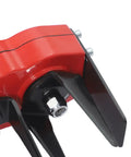 Close-up of red rotary head on Four Tooth Rotary Cultivator Tool With Weeding Wheel Attachment And Manganese Steel Blades