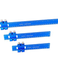 Aluminum Woodworking Ruler Set featuring 6 inch, 8 inch, and 12 inch rulers with slide stop, dual imperial and metric markings.