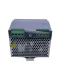 Front view of 240W DIN Rail Power Supply 24V 10A Or 12V 20A Industrial SMPS Transformer With Precise Voltage Regulation For Beefy Rock Solid Control Panels Space Saving Compact Unit Rugged DIN Rail Mount Low Ripple Output with green terminals