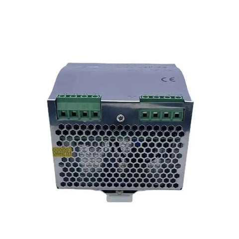 Front view of 240W DIN Rail Power Supply 24V 10A Or 12V 20A Industrial SMPS Transformer With Precise Voltage Regulation For Beefy Rock Solid Control Panels Space Saving Compact Unit Rugged DIN Rail Mount Low Ripple Output with green terminals