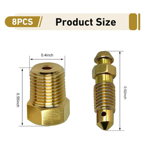 Badass Heavy Duty Brass Bleeder Screws Eight Piece Brake Caliper Kit With 1 8 27 And 1 4 28 Threads showing sizes and gold finish.