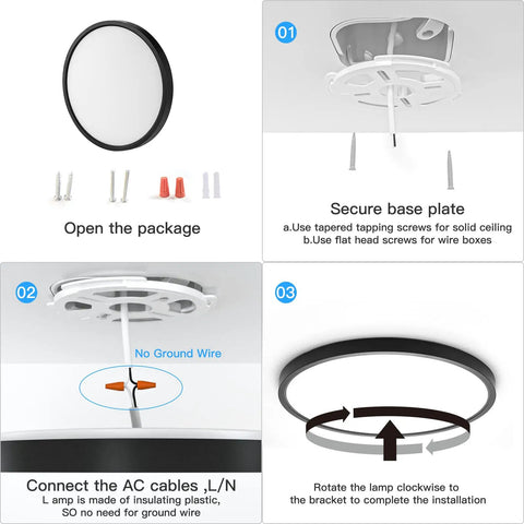 Installation guide for 12 Inch Smart Alexa Ceiling Light With Remote Control Lit RGB Color Changing Black Flush Mount Light App Control 120V 20W And 4W Output Voice Controlled Schedule And Group Control For Living Room And Bedroom showing steps and components included in the package.