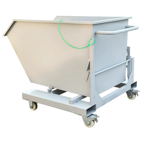 Heavy Duty Self Dumping Hopper With Slick Swivel Casters Built Tough For Dual Forklift And Manual Material Moves features gray steel frame.