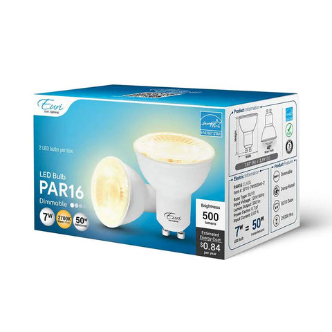 Low Profile Dimmable Led Par16 Bulbs Gu10 Base, 7W Replaces 50W, 500 Lumens Warm White 2700K, Slick Zero Flicker Dimming For Chill Ambient Room Vibes, Damp Rated Energy Star Pair