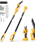 4 In 1 Cordless Pole Saw And Electric Pruning Shears with accessories including gloves, chain, and goggles on white background