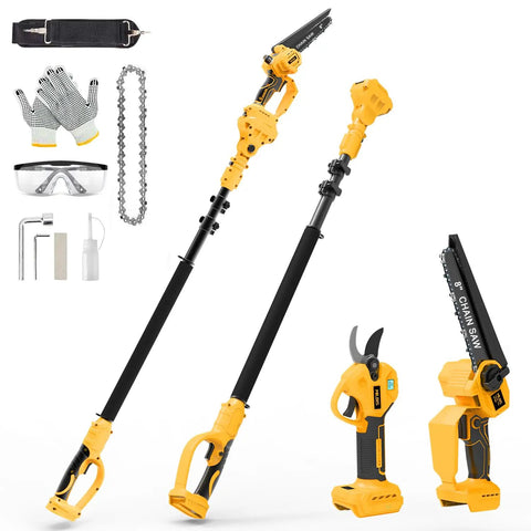 4 In 1 Cordless Pole Saw And Electric Pruning Shears with accessories including gloves, chain, and goggles on white background