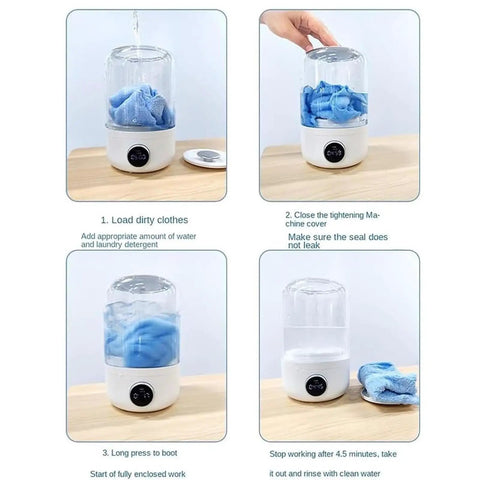 Portable Mini Washing Machine Rechargeable Compact Personal Laundry Sidekick For Underwear And Socks Lightweight Travel Quick Spin Cycle Hella Easy No Sweat Clean Everyday Gear in use with laundry steps.