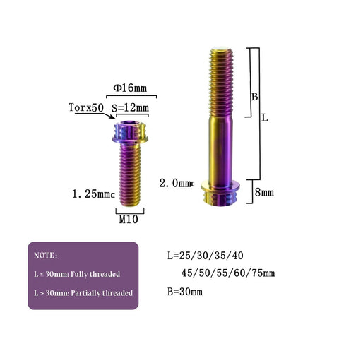 Pack Of 4 Grade 5 Titanium Torx Bolts M10 X 1.25 Pitch Brake Caliper Screws Dual Drive Flange Head Assorted Lengths image showing dimensions and details.