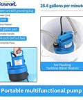 Universal Descaling Kit For Gas And Electric Tankless Water Heaters With 1/2 HP Submersible Pump, Two 6 Ft Stainless Hoses, 3.5 Gallon Bucket, And Steel Spanner, Fast Pro Grade Tankless Flush System featuring a 1/2 HP submersible pump shown inside a 3.5 gallon bucket.