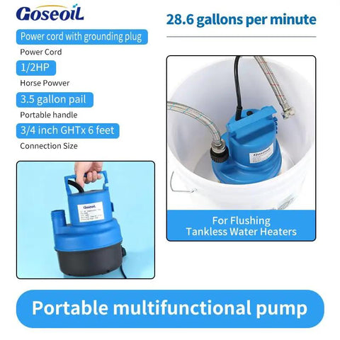 Universal Descaling Kit For Gas And Electric Tankless Water Heaters With 1/2 HP Submersible Pump, Two 6 Ft Stainless Hoses, 3.5 Gallon Bucket, And Steel Spanner, Fast Pro Grade Tankless Flush System featuring a 1/2 HP submersible pump shown inside a 3.5 gallon bucket.