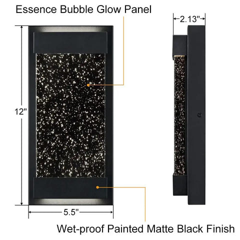 Glass Bubble LED Wall Sconce For Indoor Outdoor Use With Matte Black Finish And Essence Bubble Glass And Rectangular Crystal Accent, Dimmable 22W 4000K Natural Light, front and side view dimensions shown.