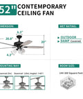 Farmhouse Ceiling Fan With Light And Remote, 52 Inch Outdoor Ceiling Fan in Oak and Black with dimensions and installation options.