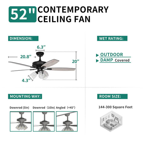Farmhouse Ceiling Fan With Light And Remote, 52 Inch Outdoor Ceiling Fan in Oak and Black with dimensions and installation options.