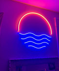 Tropical Sunset Sea LED Neon Sign 12x12 Inches Handmade Wall Decor USB Powered Night Light with red glow in bedroom setting.